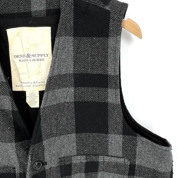 Vintage Ralph Lauren Denim & Supply Black and Gray Plaid Wool Blend Vest Size L - Picture 2 of 8